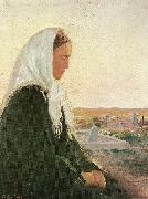 Anna Ancher ung kvinde pa kirkegarden i skagarden painting